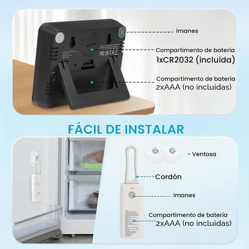 Vista 5 de Geevon Termómetro digital para refrigerador con alarma, icono de advertencia de batería baja, pantalla LCD de temperatura máxima/mínima, adecuado