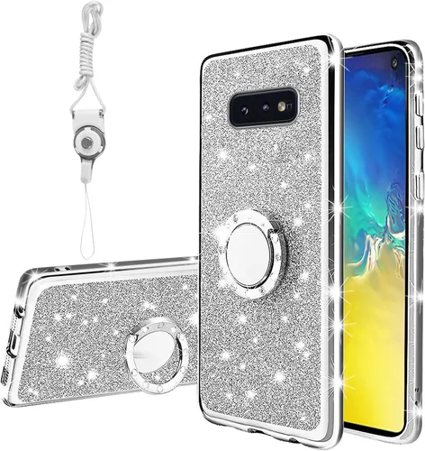 Vista 13 de Funda para Samsung Galaxy S10, Galaxy S10 2019 para mujer con purpurina de cristal suave TPU transparente con correa de pie de apoyo