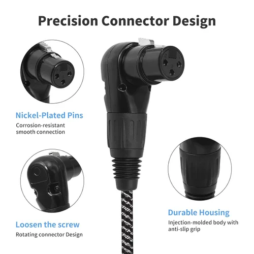 Vista 4 de Cable XLR de ángulo recto hembra a macho de 1.5 pies, cable adaptador XLR de 3 pines de 90 grados, conectores de bloqueo de aleación de zinc, doble