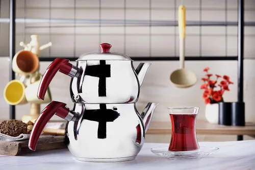 Vista 2 de Juego de tetera turca de acero inoxidable para estufa, tetera doble con colador, asas rojas, calentador de agua Samovar para té turco