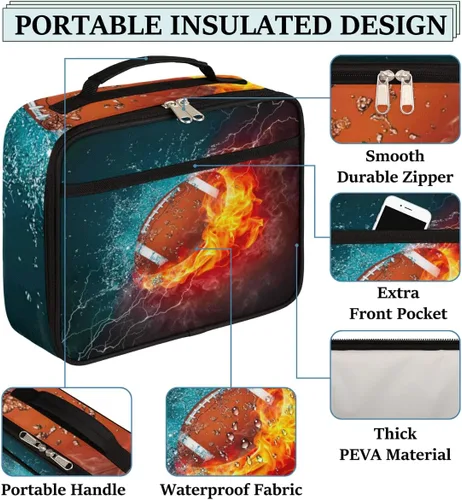 Vista 3 de Lonchera infantil para niños y niñas, diseño de fútbol americano, deportivo, color negro, bolsa de almuerzo reutilizable, pequeña bolsa enfriadora