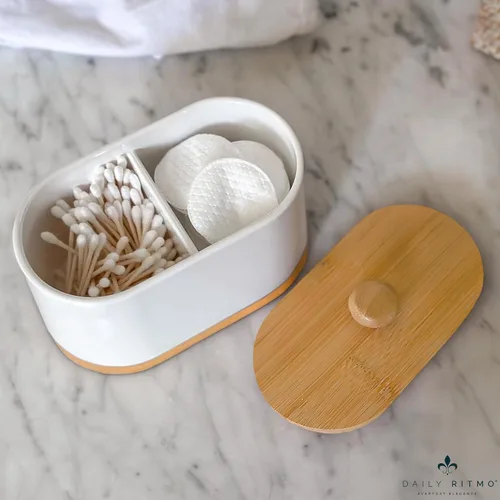 Vista 5 de DAILY RITMO Dispensador grande de hisopos de algodón blanco y soporte para bolas, contenedor de doble compartimento de dos caras con tapa de bambú