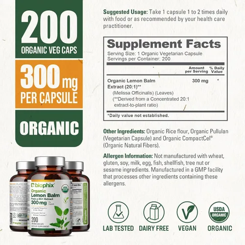 Vista 4 de biophix Cápsulas de bálsamo de limón orgánico de 300 mg USDA orgánico, extracto 20:1, apoya la relajación, calma el estado de ánimo, la memoria