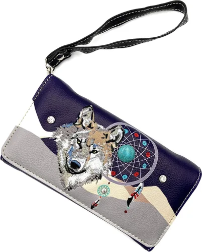 Vista 2 de Lobo bordado atrapasueños pluma tribal ocultar llevar bolso de mano