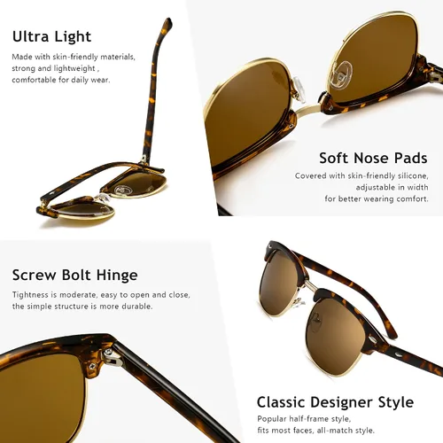 Vista 4 de SUNGAIT Gafas de sol retro clásicas de medio marco con lente polarizada