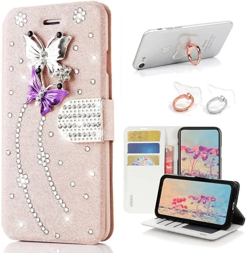 Vista 9 de Bling - Funda tipo cartera compatible con iPod Touch 5/iPod Touch 6, elegante, 3D hecha a mano, S-Link, funda de piel con diseño de mariposas