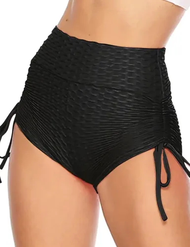 Vista 2 de Shorts sexys para mujer, con fruncido en la cola, para yoga y entrenamiento, talle alto, control del vientre con textura fruncida