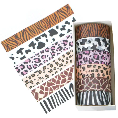 Vista 4 de MOZXIRZ 6 rollos de cinta washi con estampado de leopardo, vacas y guepardos, cebra, cinta adhesiva, calcomanías adhesivas para manualidades