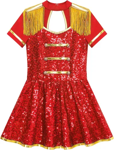 Vista 5 de MSemis Disfraz de Majorette de lentejuelas para niñas, con borlas, gorra de línea A, vestido de uniforme de maestro de anillos real