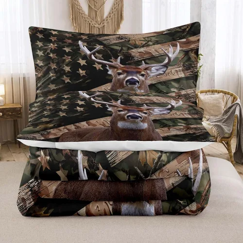Vista 3 de NINENINE - Juego de edredón de ciervos camuflados - Tamaño individual, ropa de cama temática occidental de bosque con bandera americana para niños
