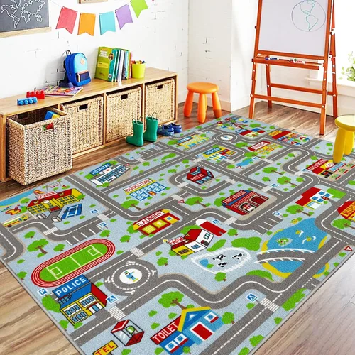 Vista 15 de Capslpad Alfombra Azul de Coche y Carretera para Niños, Alfombra de Juego para Sala de Juegos, Alfombra Antideslizante Lavable con Mapa de la Ciudad