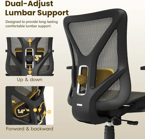 Vista 5 de Silla de oficina ergonómica, sillas de escritorio de malla para computadora con certificación BIFMA X5.1, soporte lumbar ajustable, brazo 3D