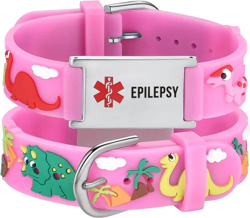 Vista 10 de LinnaLove Medical Alert ID Bracelet – Custom or Pre-Engraved, QR Code Available,Blue Dinosaur Band