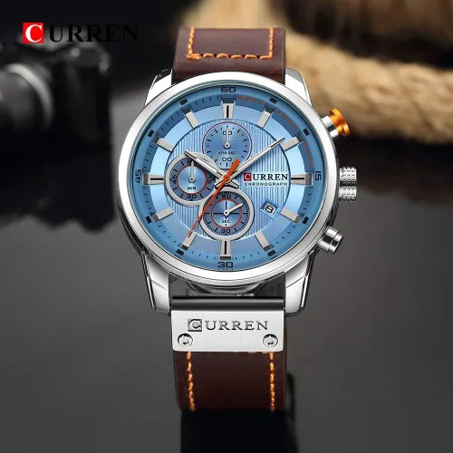 Vista 3 de Reloj de cuarzo analógico con correa de cuero para hombre, estilo clásico, informal, de acero inoxidable, impermeable, cronógrafo, fecha, analógico