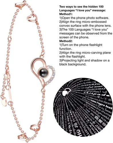 Vista 2 de OneSight Pulsera de proyección de corazón para mujer, joyería de plata de ley 925, pulsera o tobillera con memoria de amor, 100 idiomas diferentes