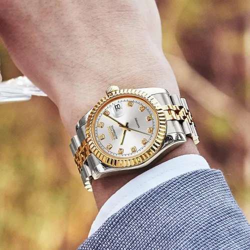 Vista 9 de OLEVS Upgrade Mens Automatic Watches Unidirectional Rotating Bezel Two ToneSilver Stainless Steel Big Face Watches with Date Waterproof Luminous