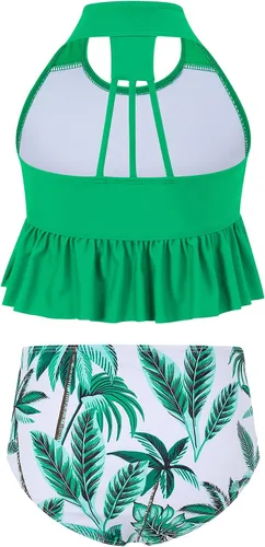 Vista 2 de GERU Traje de baño de 2 piezas con volantes y cuello halter de cintura alta para niñas
