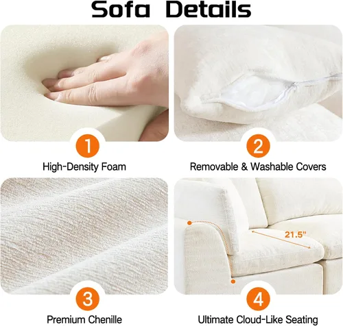Vista 3 de Sofás de nube beige para sala de estar, sofá deshuesado de 3 plazas, sofá modular seccional, no requiere montaje, tapizado de chenilla, moderno
