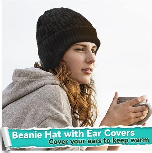 Vista 2 de Juego de gorro de música inalámbrico, gorro de invierno, gorro Bluetooth con cubiertas para las orejas, guantes antideslizantes para pantalla