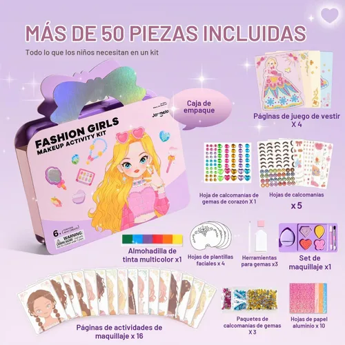 Vista 5 de Jar Melo Libros de actividades de maquillaje para niñas de 4 a 8 años, kit de manualidades 6 en 1 con arte de aluminio, calcomanías de gemas