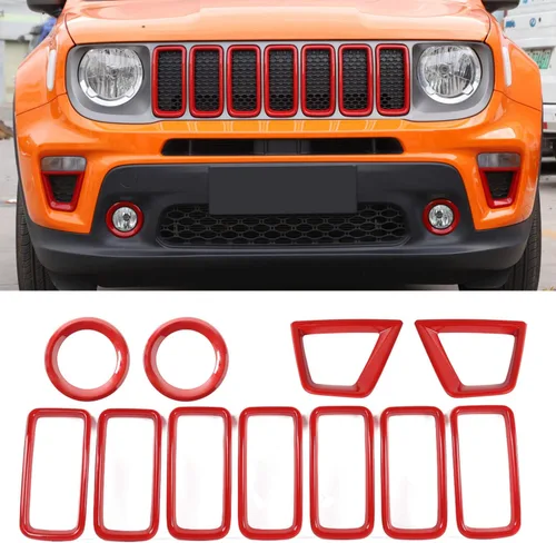 Vista 11 de YOCTM Accesorios para Jeep Renegade 2019 2020 2021, insertos de rejilla delantera, cubierta de malla + marco de luz antiniebla delantera + bisel