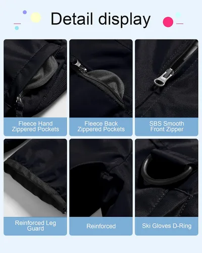 Vista 6 de CREATMO US Baberos de Nieve para Niñas Pantalones de Esquí para Niños Impermeables con Aislamiento Petos de Invierno Negro