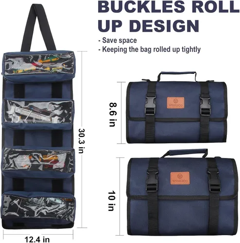 Vista 6 de Organizador de rollo de herramientas Wessleco, bolsa de herramientas con bolsillo para llaves, rollo de llaves para electricistas, bolsa