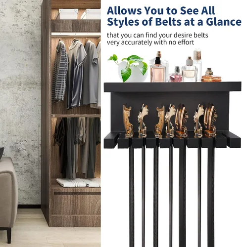 Vista 5 de Yamahiko Organizador de cinturón, colgador de pared con doble estantería, estante universal para hombres y mujeres, color negro