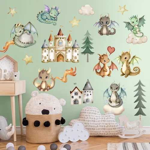 Vista 3 de Calcomanías de pared de dinosaurios de dibujos animados 3D, lindos castillos de dinosaurios para bebé, calcomanías de pared extraíbles de acuarela