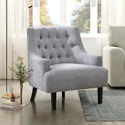 Vista 11 de Lexicon Silla decorativa de lectura, cómoda para dormitorio, sillón tapizado con marco de madera maciza, ribete de cabeza de uñas copetudo, sofá