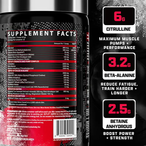 Vista 7 de OUTLIFT Amped Max Dosed HIGH STIM - Polvo para antes del entrenamiento, citrulina 6G, 3.2G Beta alanina, Alpha GPC, CognatiQ, energía extrema