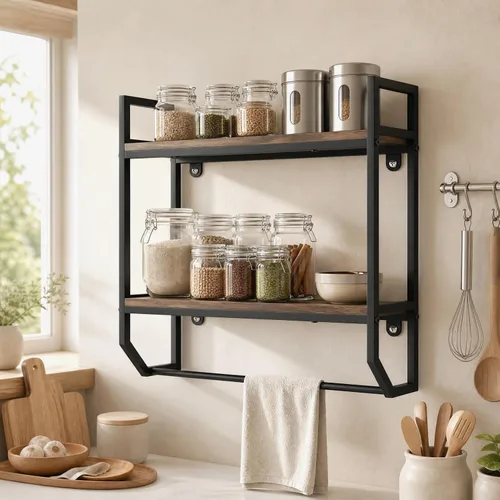 Vista 5 de LOKO 2-Tier Bathroom Towel Rack, Wall Mounted Hanging Shelf (Gray Oak)