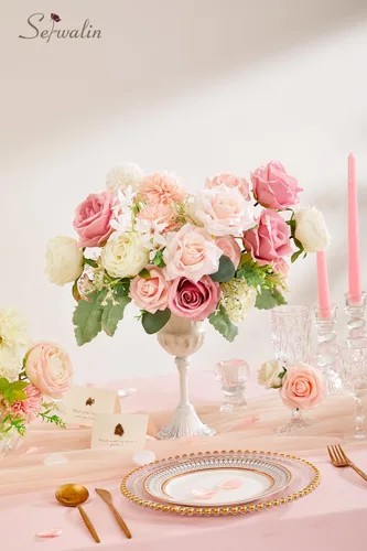 Vista 7 de Serwalin Flores artificiales, centros de mesa de flores rosas y blancas, decoración de boda para el hogar
