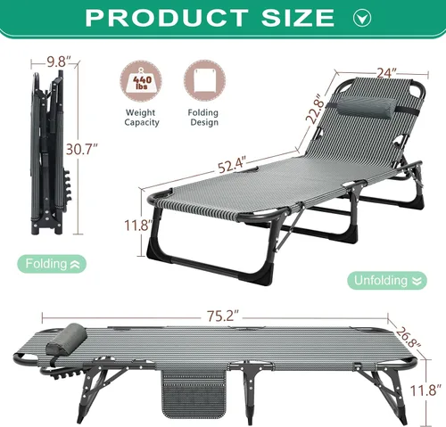 Vista 2 de Barbella Sillón plegable con colchón, cama plegable ajustable de 4 posiciones, cuna para patio, tumbona, perfecta para tomar el sol, campamento