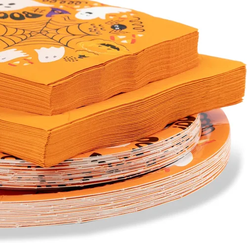 Vista 8 de Juego de vajilla desechable de 80 piezas con diseños de fantasma y calabaza, incluye platos de 9 y 7 pulgadas, servilletas de cóctel y almuerzo