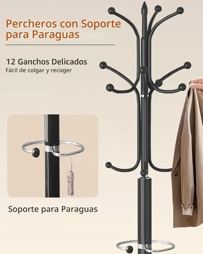 Vista 2 de Perchero de metal con base de mármol natural, soporte de perchero con 12 ganchos y soporte para paraguas, percheros modernos negros independientes