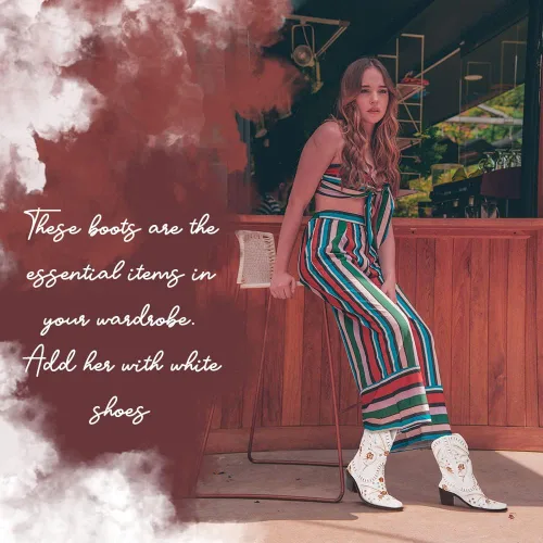 Vista 2 de Uacllcau Botas vaqueras bordadas para mujer botas vaqueras florales de tacón bajo y grueso botas occidentales para boda vestido de novia