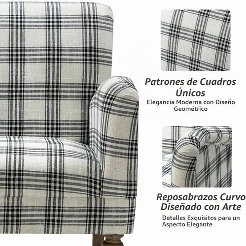 Vista 4 de HULALA HOME Silla decorativa moderna con brazos y patas de madera, cómodo sillón tapizado para dormitorio, sala de estar (patrón a cuadros, negro)