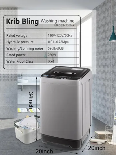 Vista 3 de KRIB BLING Lavadora completamente automática de 17.7 libras con pantalla LED, bomba de drenaje portátil para lavadora, 10 programas y 8 niveles