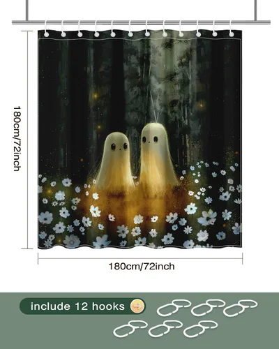 Vista 3 de Lindameler Cortina de ducha de Halloween de tela espeluznante, bonita cortina de baño de fantasma, decoración con 12 ganchos de 72 x 72 pulgadas