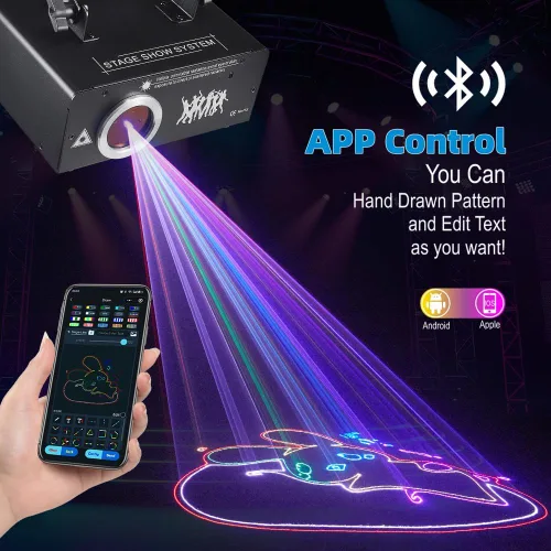 Vista 2 de Luz láser DJ con control por aplicación, proyector láser de animación 3D para fiestas, admite dibujos personalizados, reproducción de texto