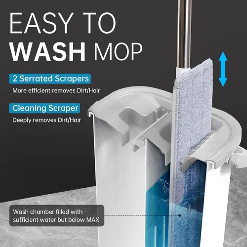 Vista 2 de Kit de trapeador de piso y pared: limpiador de mango largo con escurridor, balde lavable de microfibra para cocina, baño y madera dura
