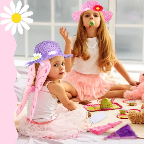 Vista 7 de Juego de 48 piezas de disfraces para fiesta de té para niñas, incluye guantes de fiesta de té y sombrero, boa de plumas para niños, bolsos, abanicos