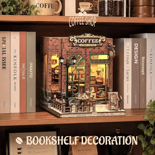 Vista 3 de Kit de rincón de libros, casa en miniatura con luces LED, rompecabezas de madera 3D para adultos, kit de construcción de mini casa de muñecas