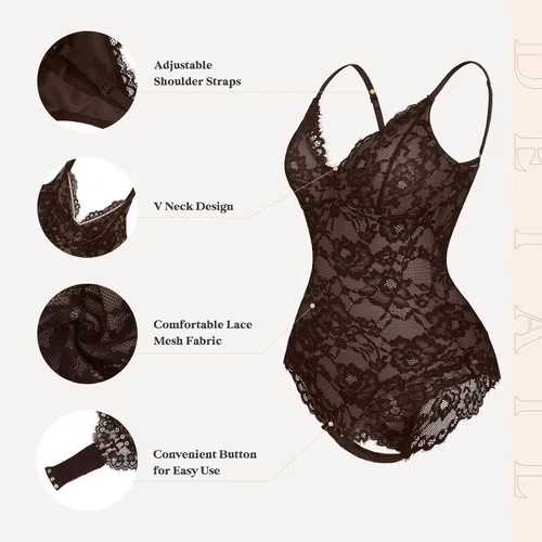 Vista 4 de Popilush Lace Shapewear Bodysuit V Neck Tummy Control Backless Tank Tops Sleeveless Thong Bodysuit