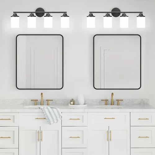 Vista 4 de Lámparas de baño, luces de baño negras mate, luz de tocador de 4 luces sobre espejo, moderna lámpara de tocador con vidrio esmerilado