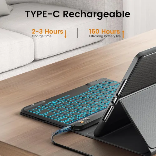 Vista 5 de OYEEICE Funda de teclado para iPad 6ª/5ª generación de 9.7 pulgadas, teclado inalámbrico desmontable retroiluminado de 7 colores, cubierta magnética