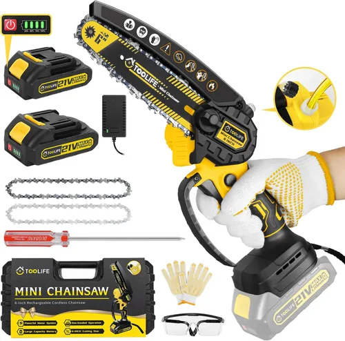 Vista 9 de TOOLIFE Mini motosierra inalámbrica de 6 pulgadas, motosierra con mango con 1 batería y sistema de engrasado automático, motosierra eléctrica
