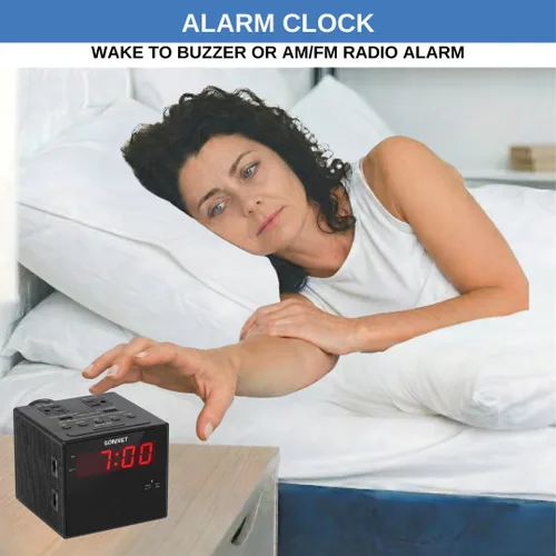 Vista 5 de Sonnet Estación de carga de reloj despertador, radio AM FM, puertos de carga USB duales, salidas de CA duales, reloj despertador muy fuerte