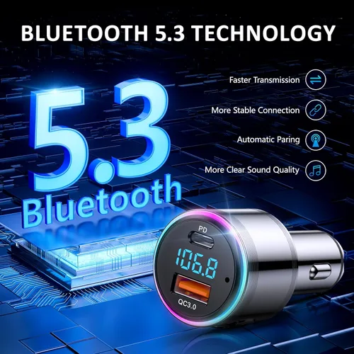 Vista 5 de LENCENT - Transmisor Bluetooth 5.3 de metal completo Bluetooth 5.3, carga rápida USB dual de 48 W (PD 30 W y QC3.0 18 W), transmisor de radio FM